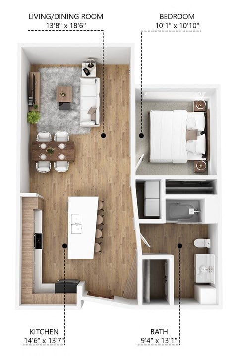 Floor plan for 1 bed, 1 bath, 760 sqft